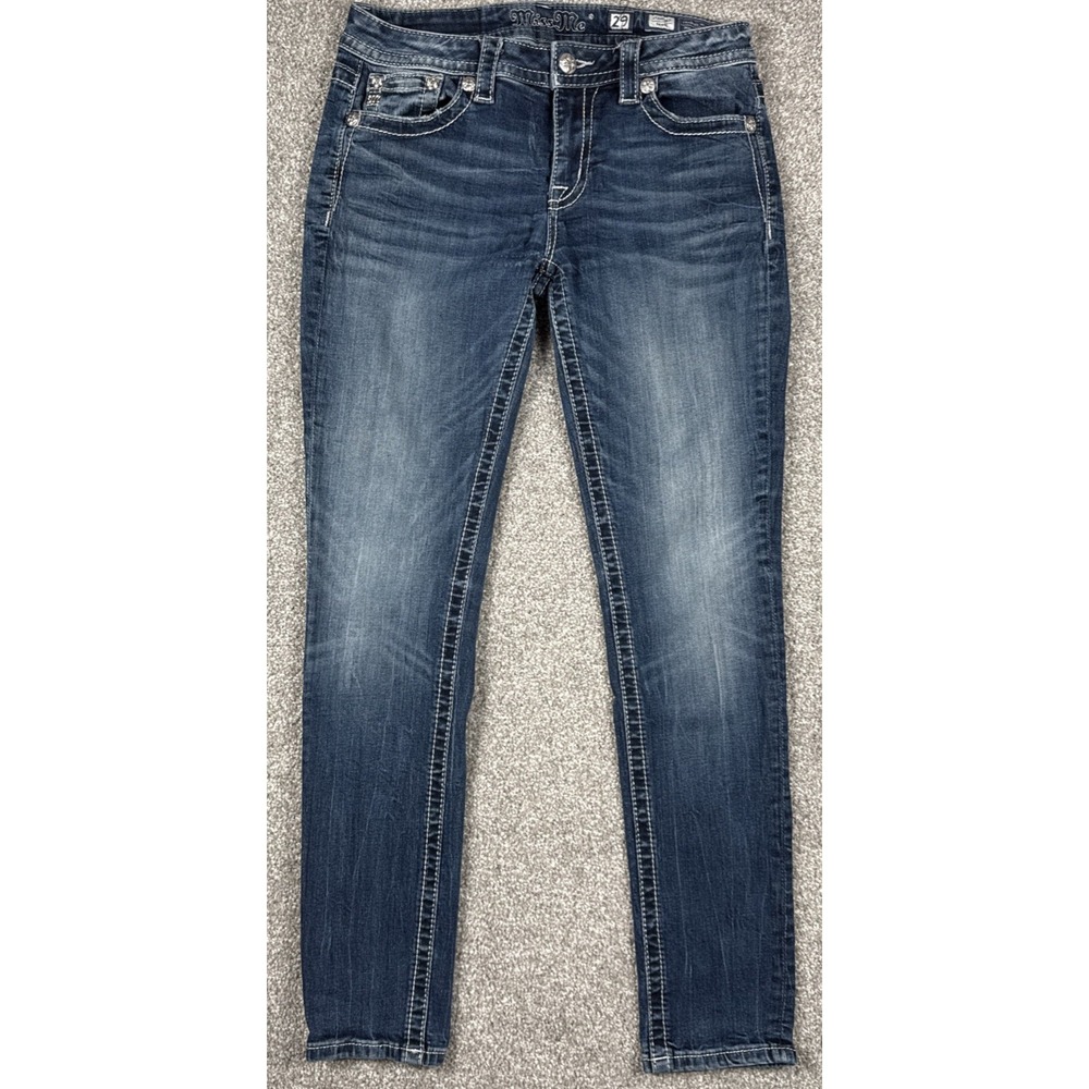 Miss Me Jeans Women's 29 Standard Skinny Dark Wash Distressed Sequin Style ME305